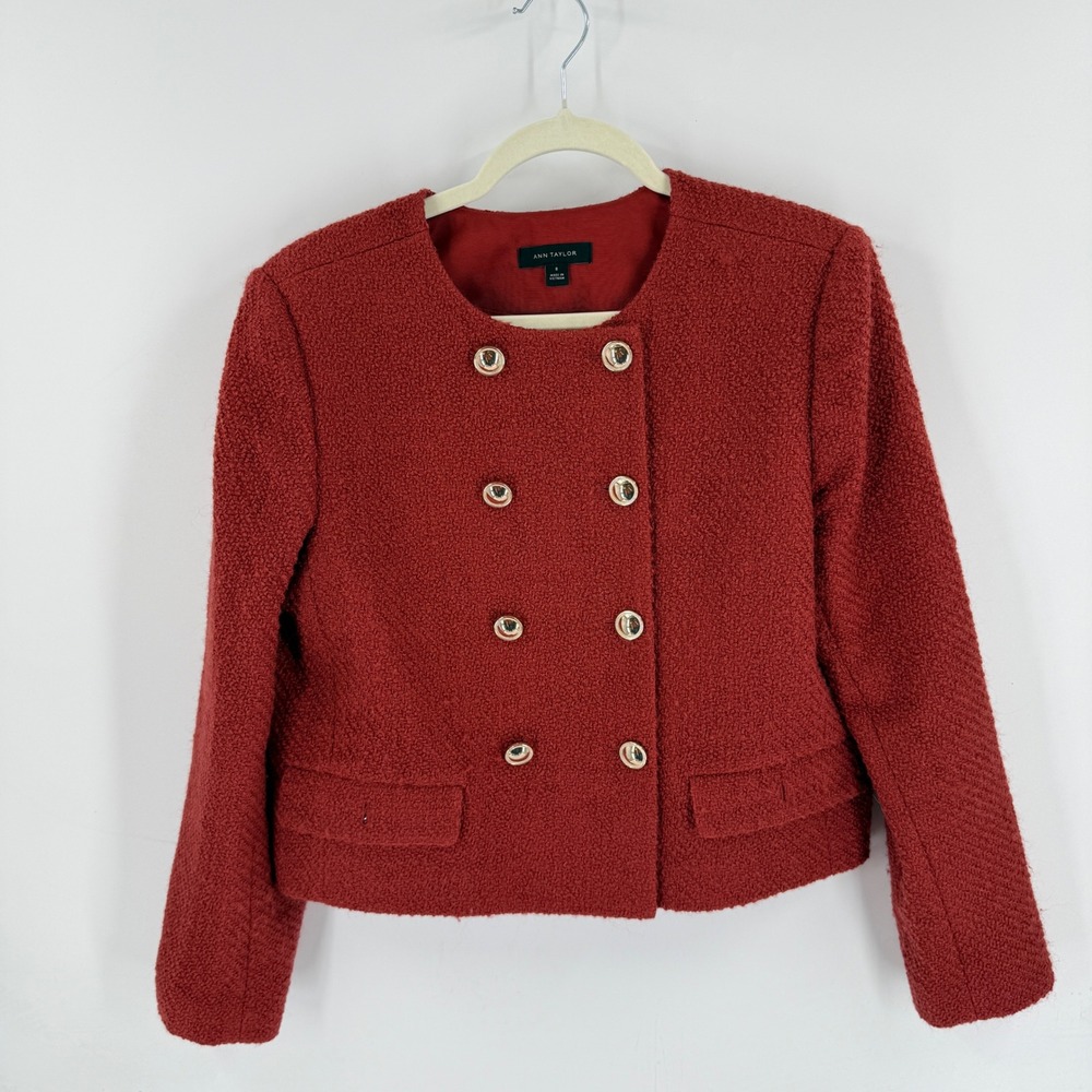 Ann Taylor Jacket Mauve 8 Double Breasted Wool Blend Tweed Gold Button